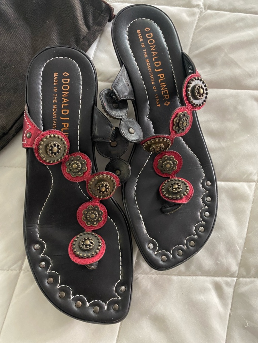 Donald J. Pliner Black Sandals with Red Leather and Brass Embellishments